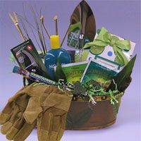 a basket filled with lots of different items on top of a white table next to a pair of gloves