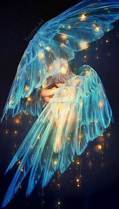 a blue bird with glowing wings flying in the sky at night time, surrounded by stars and sparkles