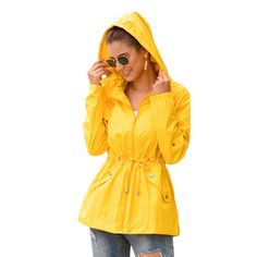 Yellow Waterproof Slim Fit Outdoor Coat Spring Weatherproof Windbreaker In Solid Color, Spring Weatherproof Windbreaker, Waterproof Outerwear For Spring Rainy Weather, Yellow Raincoat For Outdoor Use In Fall, Spring Waterproof Outerwear For Rainy Weather, Casual Weatherproof Raincoat, Rainy Season Windbreaker With Pockets, Yellow Raincoat For Fall Outdoor Use, Casual Raincoat With Pockets For Rainy Season