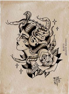 an old school tattoo design with a woman's head and snake on it, surrounded by stars