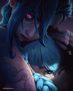 two people with blue hair and tattoos are hugging each other in front of a dark background