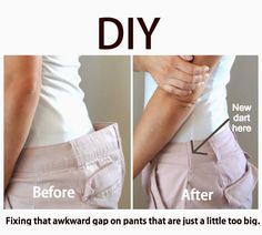 the before and after pictures show how to fix an old pair of pants that are too big