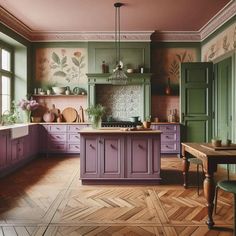 a kitchen with purple cabinets and wooden floors is pictured in this image, there are green cupboards on the far wall