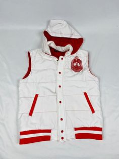 Unisex size order a size down. -White nylon with red stitching -Red ribbing with Sherpa lining -Embroidered Applique Logo hooded Hooded Puffer Vest, Delta Sigma Theta Sorority, Delta Sigma Theta, Embroidered Applique, Sherpa Lined, Puffer Vest, Varsity Jacket, Puffer, Stitching