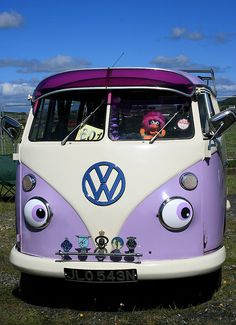 a purple and white vw bus parked on the grass