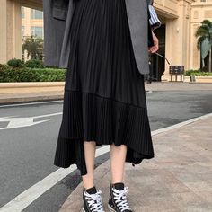 Pleated Chiffon Frill Midi Skirt Ruffle Long Skirt, Goth Skirts, Long Chiffon Skirt, Pleats Skirt, Pleated Chiffon Skirt, High Waisted Pleated Skirt, Pleated Chiffon, Long Skirts For Women, Black Midi Skirt