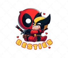 a deadpool character hugging another deadpool character with the word besties on it