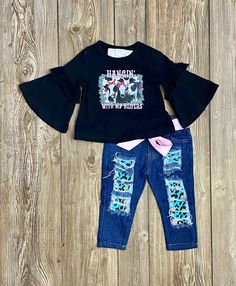 A fun outfit for your girl!!! Three Cows, Blue Leopard, Black Long Sleeve Shirt, Blue And Orange