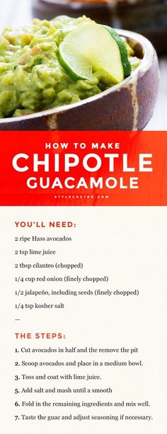 the recipe for how to make chipotle guacamole is shown here