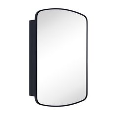 a mirror that is on the wall with a black frame and an oval shaped edge