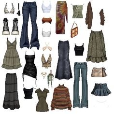 a bunch of clothes that are on top of each other in different colors and sizes