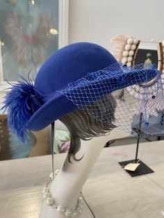 Blue Feathered Costume Hat, Blue Brimmed Felt Hat For Kentucky Derby, Blue Short Brim Felt Hat For Party, Blue Felt Hat With Short Brim For Party, Vintage Blue Party Hat, Blue Curved Brim Felt Hat For Party, Blue Curved Brim Felt Hat For Parties, Blue Felt Hat With Curved Brim For Party, 80s Accessories