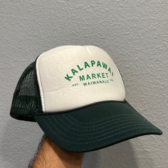 Waimanalo Hawaii Trucker Hat, Adjustable Strap, Forest Green Color White Vacation Snapback Hat, Casual White Lightweight Baseball Cap, Lightweight White Cap, Vacation White Trucker Hat One Size, White Trucker Hat For Vacation, White Cap For Vacation, White Flat Brim Baseball Cap For Beach, White Snapback Hat With Curved Brim For Beach, White Flat Brim Baseball Cap For The Beach