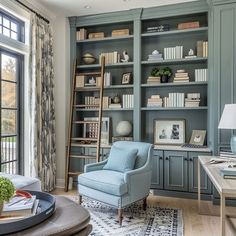 Inspiring Image of Office Space Collection: Work From Home Front Room Library Office, Home Office Inspiration Blue, Built In Desk In Office, Library Formal Living Room, Two Story Library Room, French Home Office Decor, Bookcase Accent Wall, Piano Room With Bookshelves, Fun Office Colors