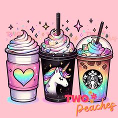 three starbucks drinks with unicorns and hearts on them