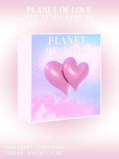 two pink heart shaped balloons are in front of a box with the words planet of love