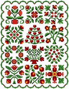 a cross stitch pattern with red flowers and green leaves on the border, in white background