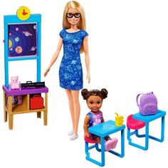 a barbie doll with two children's toys in front of a table and chair