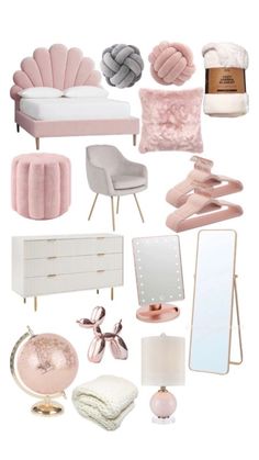 a collage of pink and grey items including a bed, chair, mirror, lamp, dresser