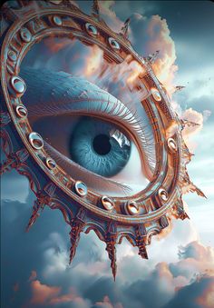 an eye looking into the sky with clouds in the foreground and light blue eyes