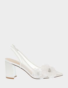 PETRA IVORY - SHOES - Betsey Johnson Rehearsal Dinner Shoes Bride, Shoes For Outdoor Wedding, Embellished Summer Wedding Heels, Wedding Heels Floral, Wedding Shoes Bride Comfortable, White Slingback Heels, White Heels Flowers, Bridal Shoes Block Heel, Ethereal Garden Wedding