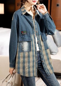 Casual Patchwork Button-up Denim Jacket, Casual Button-up Denim Jacket With Patchwork, Trendy Patchwork Button-up Denim Jacket, Denim Blue Patchwork Denim Top, Blue Denim Patchwork Top, Blue Patchwork Denim Top, Fall Patchwork Denim Top, Casual Patchwork Denim Top For Fall, Denim Blue Patchwork Top For Fall