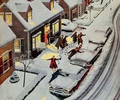 a painting of people playing in the snow by a house with cars parked on it