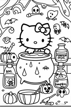 the hello kitty coloring page is full of halloween items and decorations, including pumpkins