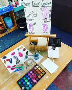 a table with some art supplies on it and a sign that says water color crayons