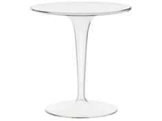 a glass table with a white base and round top on a white background, it is also used as a side table