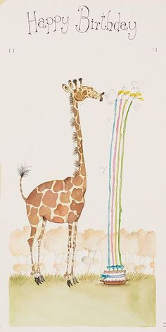 a happy birthday card with a giraffe blowing out the candles