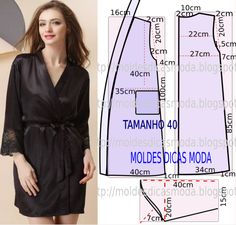 Analise de forma pormenorizada a imagem do robe feminino em cetim. Este processo é fundamental para que o resultado final corresponda ás suas expectativas. Áo Blu, Clothes Pajamas, Lingerie Patterns, Pajama Pattern, Trendy Sewing, Kimono Pattern, Blouse Pattern Sewing, Diy Sewing Clothes