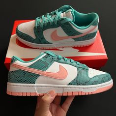 Nike Dunk Low Snakeskin Washed Teal Coral Pink Dr8577-300 Men's 8.5 Women’s 10 Brand New With Box Pink Leather Custom Sneakers With Perforated Toe Box, Women Dunks, Curvy Streetwear, Pink Dunks, Teal Sneakers, Bleached Coral, Nike Classic Cortez, Teal Coral, Womens Air Jordans