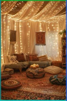 Draped Bedroom Ceiling, Round Furniture Living Room, Cozy Ceiling Ideas, Ceiling Draping Living Room, Living Room Soft Lighting Ideas, Wall Decor With Fairy Lights, Living Room With Fairy Lights, Hangout Place Ideas, Fantasy Apartment Decor