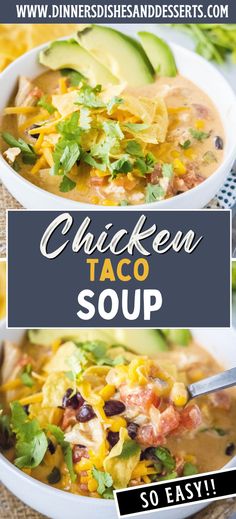 chicken taco soup in a white bowl with avocado and cilantro