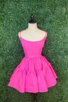 straps barbie pink A-line short homecoming dress 2023 Short Princess Dress, Cute Spaghetti, Pink Homecoming, Pink Homecoming Dress, A Line Shorts, Short Homecoming Dress, Cute Halloween Costumes, Pink Sequin, Satin Material