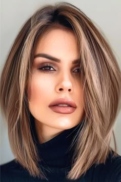 This chic hairstyle is a blunt bob with a modern look. The expertly blended highlights and soft, rounded layers enhance the sleek cut, providing depth and an illusion of fuller hair. Click here to see more stunning medium-length layered haircuts. Shoulder Length Long Layers Haircut, Reverse Layered Bob, Partial Highlights For Brunettes Summer, Brown Hair With Blonde Highlights Medium Length, Medium Length Hair For Women Over 50, Mid Length Hair 2024 Trends, Mid Length Haircut 2024, Hair For Over 50, Mid Length Hair 2024