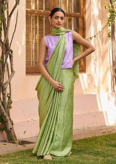 Moss green saree featuring handwoven zari stripes with gold threads with tassel detailing on the pallu. - Aza Fashions Saree For Women, Green Saree, Satin Color, Gold Threads, Striped Fabrics, Moss Green, Mulberry Silk, Aza Fashion, Inner Peace