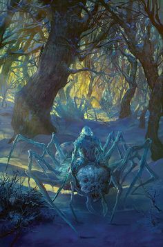 a painting of a giant spider in the woods