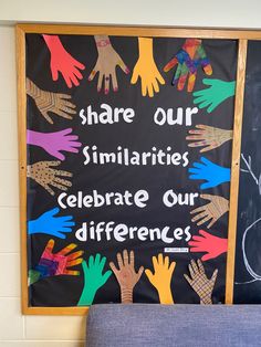 a bulletin board with hand prints on it that says share our similaritiesities celebrate our differences