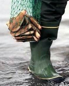 a person standing in the water wearing rubber boots and holding a net