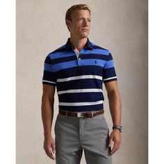 This striped Polo shirt is crafted with moisture-wicking stretch piqué that is washed for extra softness. Blue Striped Polo Shirt For Summer, Casual Blue Shirt With Signature Stripes, Casual Summer Polo Shirt With Horizontal Stripes, Cotton Summer Polo Shirt With Horizontal Stripes, Striped Fitted Cotton Polo Shirt, Fitted Striped Cotton Polo Shirt, Sporty Striped Cotton Polo Shirt, Blue Striped Polo Shirt With Polo Collar, Blue Polo Shirt With Horizontal Stripes