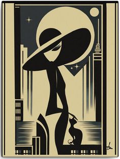 an art deco poster with a woman and cat in front of a cityscape