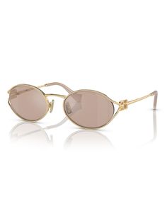 in stock Chic Miu Miu Sunglasses With Uv Protection, Miu Miu Luxury Casual Sunglasses, Chic Miu Miu Polarized Sunglasses, Miu Miu Elegant Gold Sunglasses, Modern Miu Miu Sunglasses With Glass Material, Miu Miu Gold Sunglasses With Tinted Lenses, Female Eyes, Pale Gold, Oval Frame