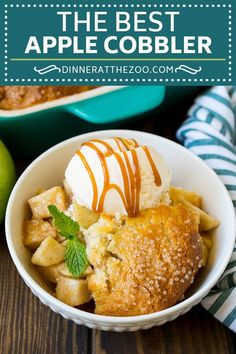 an apple cobbler in a bowl with ice cream and caramel drizzle