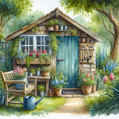 a painting of a garden shed with potted plants and flowers on the front door