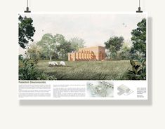 an architectural rendering of a building in the middle of a field with horses grazing nearby