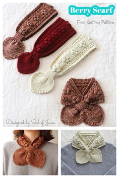 four different knitted scarves with bows on them