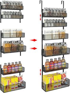 three shelves with different types of food on them