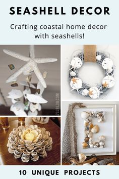 sea shell decor with seashells on it and the words seasidel decor crafting coastal home decor with seashells 10 unique projects